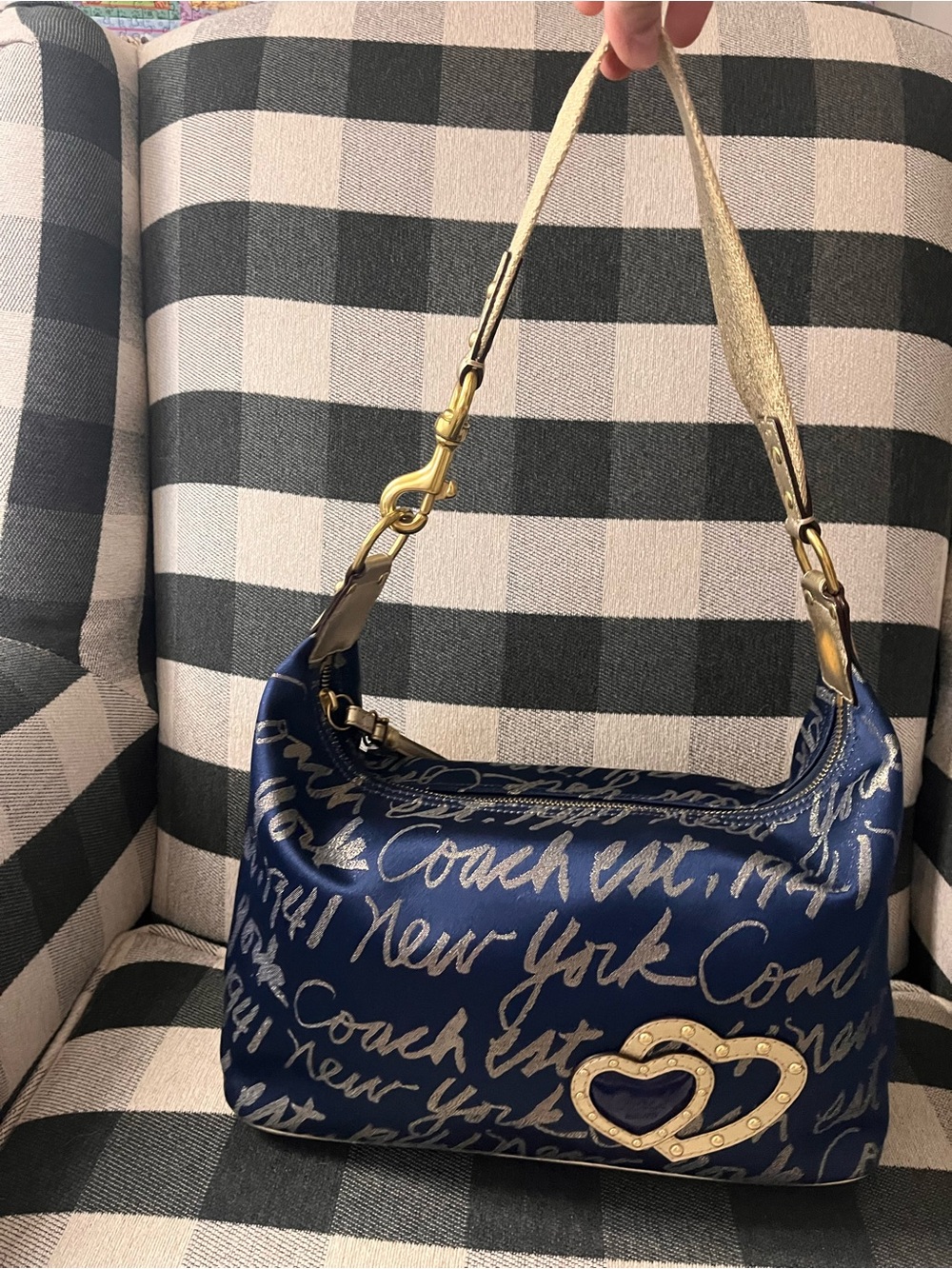 Coach Limited Edition Navy Lurex Script Large Hobo Bag with Gold Heart Accent